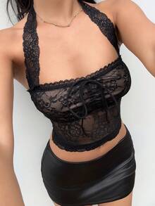 Aloruh Áo hai dây cổ yếm ren đen bán trong suốt quyến rũ, thanh lịch lãng mạn dành cho nữ, thích hợp cho tiệc tùng, hẹn hò, đăng bài trên mạng xã hội, mùa thu/đông - màu đen - Xem 8