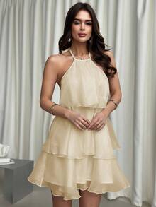 Firerie Váy bồng cổ yếm organza trắng hở lưng nhiều lớp lãng mạn thanh lịch, thích hợp cho ngày lễ tình nhân - Màu be - Xem 5