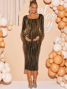 Loomaby Maternity Fashionable Party Sequin Bodycon Dress Babyshower Dress Maternity Pregnant Dress Bump Friendly Dress Maternity Dress Pregnancy Dress For Photoshoot - Gold - View 3