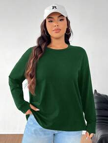 SHEIN EZwear 大码纯色简约日常圆领长袖T恤，橄榄绿 - 墨綠色 - 查看 4