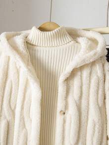 Sparklyn 1 件青少年女孩休闲连帽加厚羊毛夹克，宽松版型，经典白色，正面全拉链带纽扣，舒适的长外套，纹理针织设计，带有黑色英文文字装饰，适合上学、通勤、度假、旅行、返校、音乐节、秋冬 - 米色 - 查看 3