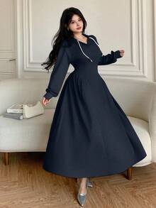 Modelyn Women's Casual Hooded Drawstring Waist Fitted Flared Hem Grey Sweatshirt, Autumn/Winter - Blue - View 5