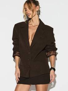 KIZN Oversized Wide Shoulder Lapel Blazer With Button Closure And Hip Length Silhouette For Fall Winter Business Casual Office Professional Formal Wear - Brown - View 6