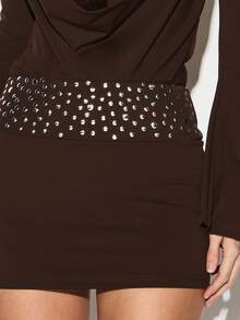 KIZN Deep V Plunge Neckline Cowl Mini Dress With Bell Sleeves And Studded Waist Detail For Evening Party - Brown - View 6