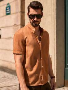 Mainfolk Men's Minimalist Solid Color Single-Breasted Short Sleeve Shirt - Khaki - View 5