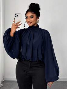 Maweii Áo cánh tay đèn lồng cổ cao màu trơn cỡ lớn thanh lịch cho nữ - Màu xanh hải quân - Xem 1