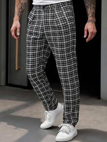 Manfinity Mode Men's Fashionable Commuter Plaid Tapered Pants Men Trouser Men Black And White Pants Men Pants Designer Pants For Men Men Plaid Pants Old Money,Daily Leisure, Weekend Trips, Outdoor Activities, Travel Expeditions, Relaxed Work Environments Or Semi-Formal Occasions, Boyfriend/Husband Gift, Anniversary Gift Party Christmas