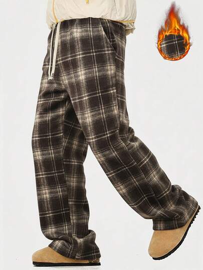 Manfinity Homme Men's Brown Plaid Straight Leg Pants, Autumn/Winter Mens Plaid Pants Mens Oversized Pants Mens Drawstring Pants Mens Pajama Pants Lounge Pants  Mens Pants Baggy Men Drawstring Pants Old Money,Daily Leisure, Weekend Trips, Outdoor Activities, Travel Expeditions, Relaxed Work Environments Or Semi-Formal Occasions, Boyfriend/Husband Gift, Anniversary /Birthday Gift Party Christmas New Years Wedding
