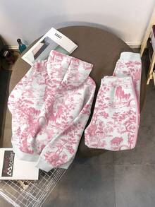 SHEIN 做你自己。做你自己。复古风景印花休闲两件套，女士秋冬卫衣套装 - 彩色 - 查看 2