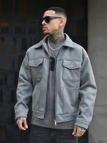 Devon Thys 男士翻盖口袋拉链绒面革夹克，适合秋冬 - 淺灰色 - 查看 1