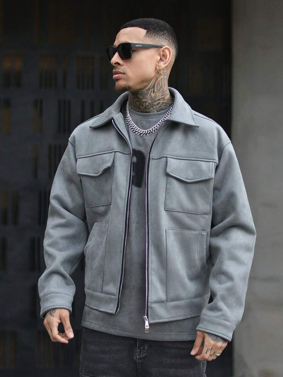 Devon Thys 男士翻盖口袋拉链绒面革夹克，适合秋冬 - 淺灰色 - 查看 1