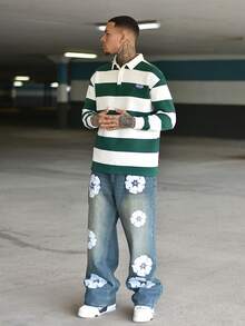 Devon Thys 男士条纹领扣前长袖时尚运动衫 - 綠色 - 查看 1