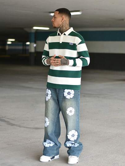 Devon Thys 男士条纹领扣前长袖时尚运动衫