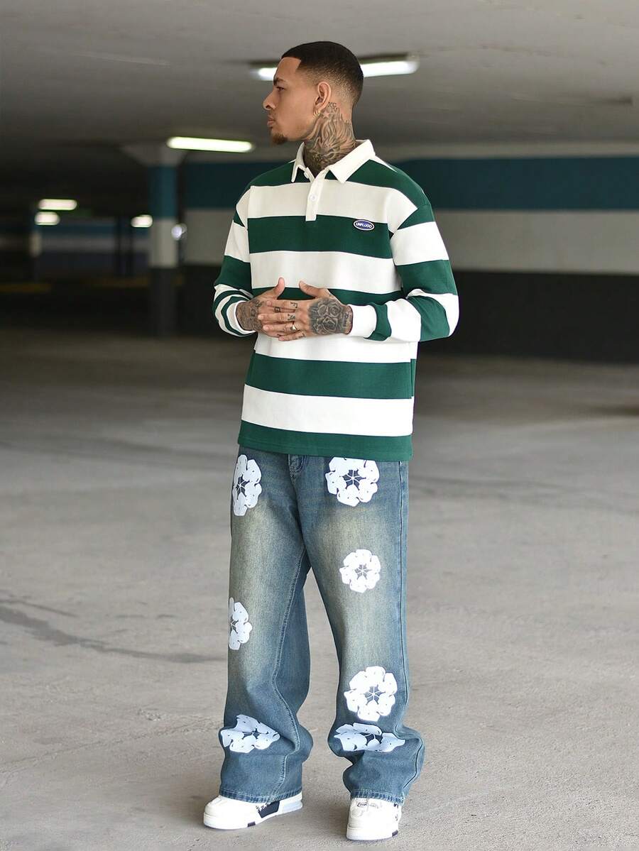 Devon Thys 男士条纹领扣前长袖时尚运动衫 - 綠色 - 查看 1