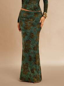 Silquee Váy chữ H cạp cao họa tiết hoa nhung xanh lá cây thời trang thu đông thanh lịch gợi cảm dành cho nữ - màu xanh lá - Xem 3