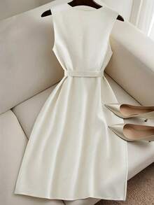 Franclia Women's Elegant Round Neck Sleeveless Rhinestone Embellished Summer Dress - Apricot - View 2