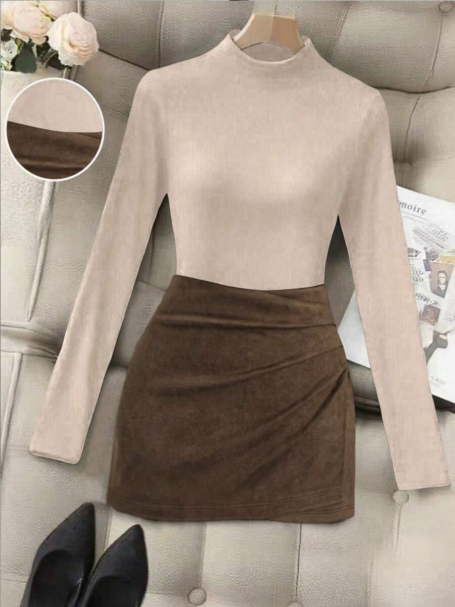 Franclia Women's Solid Color Minimalist Turtleneck Long Sleeve Top And Skirt 2-Piece Set - Multicolor - View 1