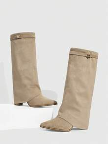 Daringsoles Women's Fashion Commuter Chunky High Heel Knee-High Boots For Christmas - Apricot - View 3