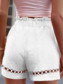 2025年大码女式宽松腰口袋蕾丝下摆短裤，夏季 - 白色 - 查看 2