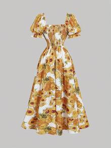 SHEIN MOD 梵高向日葵绘画图案连衣裙，泡泡袖，蝴蝶结细节，适合约会、派对、度假、下午茶、生日场合、情人节、女士生日礼服、女士正式礼服、女士沙滩装、度假、舞会礼服、金色连衣裙、夏季连衣裙、女士婚礼宾客礼服、太阳裙