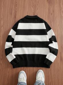 SWAVVY Suéter polo de manga larga con rayas blancas y elegante para hombres - Blanco y Negro - Ver 7