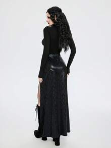 Breakform 女式哥特式性感鳄鱼压纹针织拼布装饰皮革孔眼系带高开衩裙 - 黑色 - 查看 2