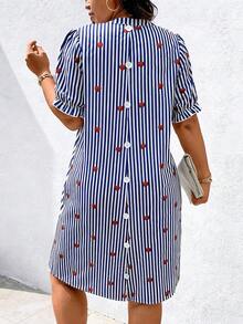 EMERY ROSE 大码女式条纹印花简约日常连衣裙长款套装 - 藍色 - 查看 1