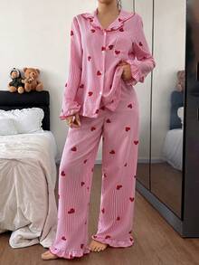 Eraneu Women's Heart Striped Ruffle Collar Single-Breasted Top And Pants Pajama Set, Winter Clothes - Pink - View 1