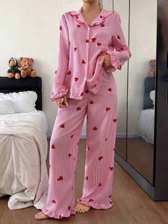 Women's Heart Striped Ruffle Collar Single-Breasted Top And Pants Pajama Set, Winter Clothes