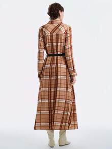 Aalyst Women's Brown Checkered Elegant Luxury Christmas Party Casual Maxi Shirt Dress,Autumn Occasion Vintage Plaid Shirt Collar Open Front Pocket Belt Waist - Multicolor - View 5