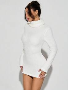 SHEIN PETITE 1pc Women White Fuzzy High Neck Long Sleeve Bodycon Dress - White - View 6