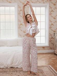 Bộ đồ ngủ áo và quần họa tiết nơ hoa sọc dành cho nữ - Nhiều màu - Xem 4