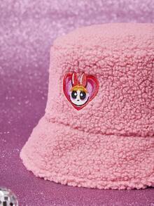 THE POWERPUFF GIRLS X SHEIN 1pc Blossom Embroidered Pink Plush Bucket Hat, Fashionable - A - View 2