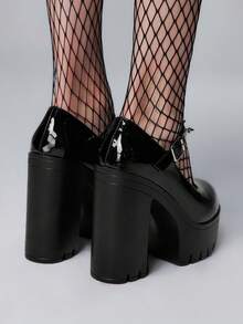 ROMWE Goth Casual Minimalist Black Thick Heel Platform Pumps For Women For Christmas Y2K 2000s Style - Black - View 5