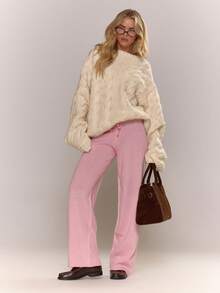 MUSERA Low Rise Drawstring Waist Rib Knit Wide Leg Casual Trousers Winter Everyday Office - Baby Pink - View 5