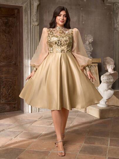 Aureia Plus Size Elegant Romantic High Collar Puff Sleeve Luxury Sequin Patchwork A-Line Wedding Dress, Suitable For Wedding, Party, Celebration, Formal Events, Ballroom Gown (Heavily Embellished Design)