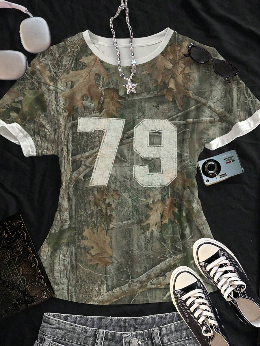 Glimmora 迷彩街头风T恤，干叶迷彩，Y2K数字印花圆领女款T恤，适合日常穿着 - 軍綠色 - 查看 1