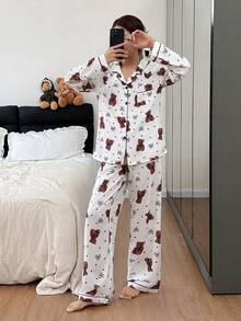 SHEIN 泡泡皱褶熊蝴蝶结印花长袖睡衣套装，女士泰迪熊睡衣套装，女士睡衣，熊印花睡衣，熊睡衣 - 白色 - 查看 1