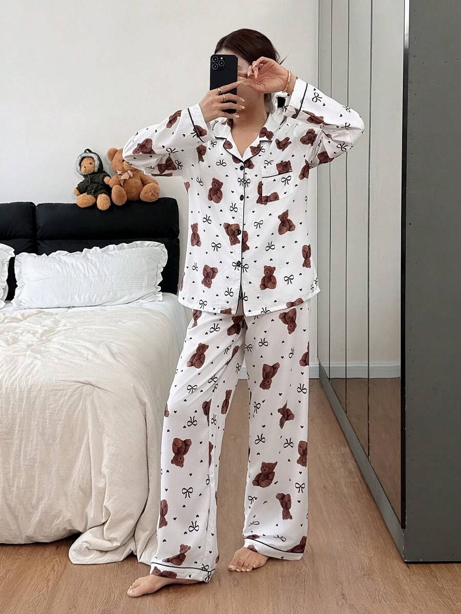 SHEIN 泡泡皱褶熊蝴蝶结印花长袖睡衣套装，女士泰迪熊睡衣套装，女士睡衣，熊印花睡衣，熊睡衣 - 白色 - 查看 1