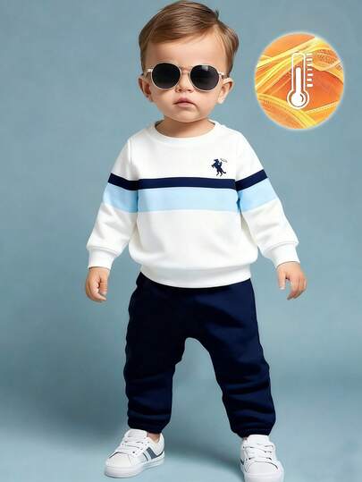 SHEIN Playful Pals 2pcs Baby Boy Casual Outfit, Striped Horse Print Crew Neck Long Sleeve Sweatshirt And Pants Set, Suitable For Outings In Autumn/Winter