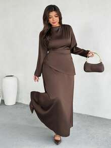 Firerie Plus Size Spring/Summer/Autumn/Winter New Elegant Casual Office Workwear Satin Asymmetric Ruched Waist Slim Long Sleeve Blouse + Regular Loose A-Line Maxi Skirt 2 Piece Set Plus Size Brown Satin Dress Curve Elegant Dress Brown Elegant Dress Women Plus Size Long Sleeve Dress Long Sleeve Elegant Dress