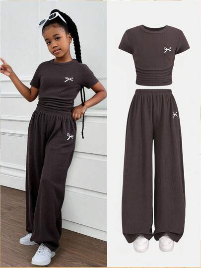 SHEIN 少女罗纹印花T恤和打底裤两件套，休闲日常时尚百搭