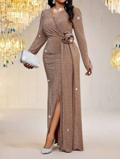 Fleurora Plus Size Fashionable Party Champagnefärgad Omlottklänning