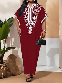 SHEIN Lady 大码V领印花优雅短袖连衣裙 - 酒紅色 - 查看 3