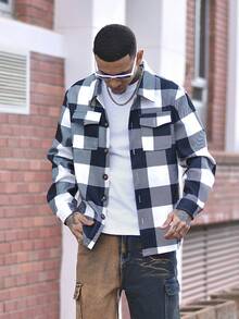 Devon Thys 男士休闲格子夹克，时尚百搭简约风格，秋季 - 黑與白 - 查看 6