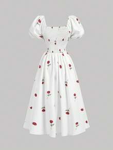 SHEIN MOD 白色底座玫瑰花泡泡袖帝國腰仙女中長裙