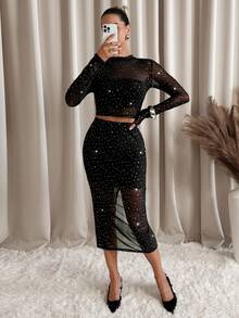 Lavishia Conjunto de 2 piezas de ropa de mujer con tela de rejilla y decoración de strass, versátil negro, adecuado para salidas de otoño/invierno - Negro - Ver 3