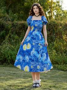 SHEIN MOD 1pc 女士梵高“星夜”印花蓝色连衣裙（不含白色内衬衬裙），复古宫廷风泡泡袖，艺术系列