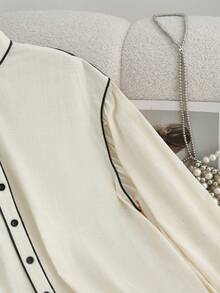 Franclia Siren Gaze 女士加大码上衣，100% 纯棉撞色滚边长袖衬衫，立领棉质衬衫，秋冬季，纽扣衬衫，西部风格上衣，纽扣衬衫，西部衬衫，女士西部纽扣衬衫，感恩节衬衫，女士休闲衬衫，校服衬衫，优雅女士衬衫 - 米色 - 查看 7