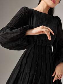 Heiryn 女士优雅纯色灯笼袖收腰长连衣裙，秋季 - 黑色 - 查看 2
